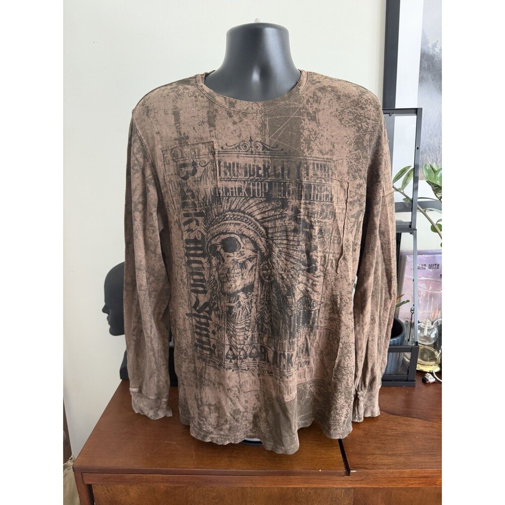 VTG Y2K Affliction Brown Native American Long Sleeve Thermal Shirt XL